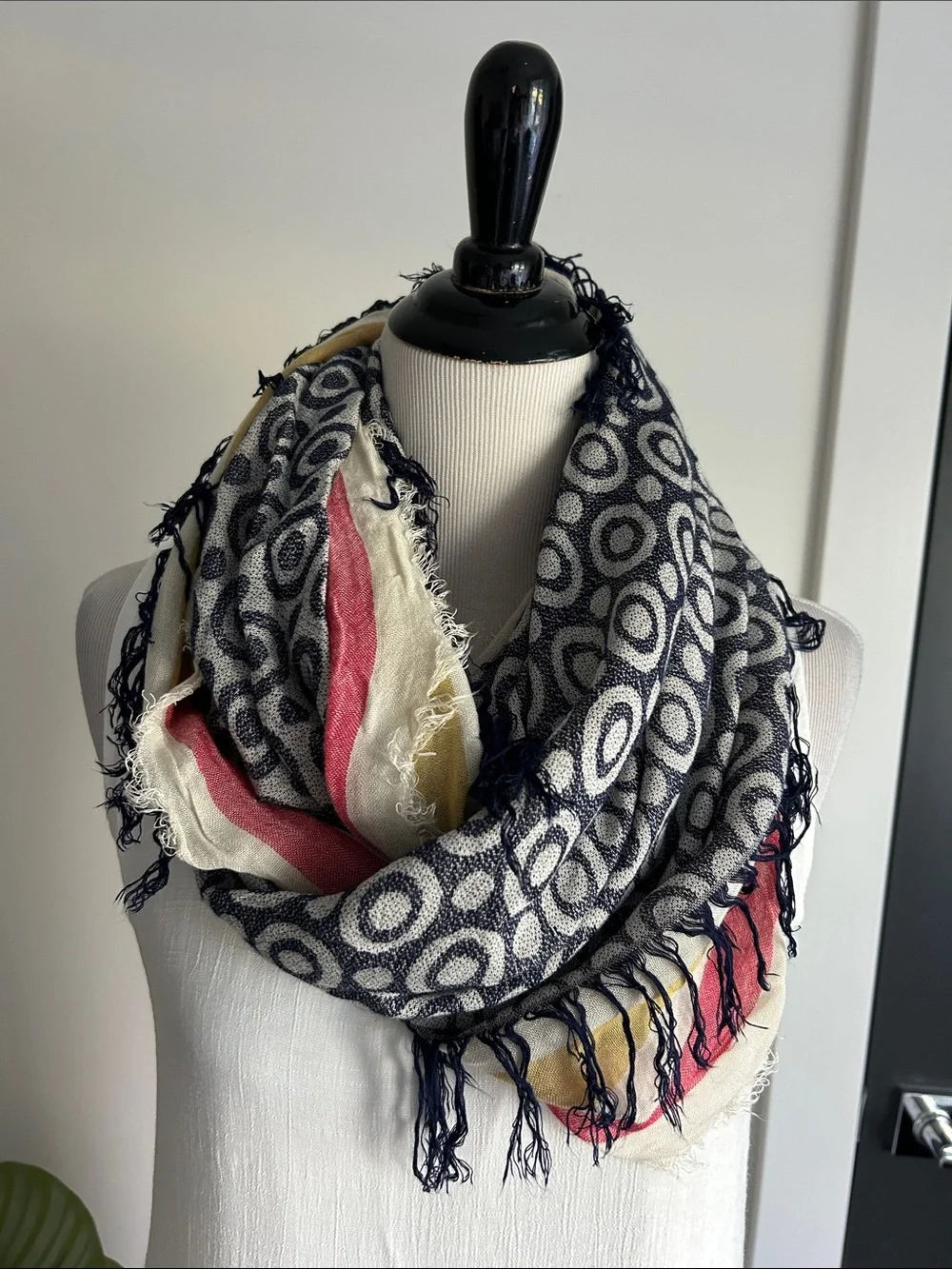 🆕 navy red yellow cream classicPatterned Infinity Scarf with Stripes